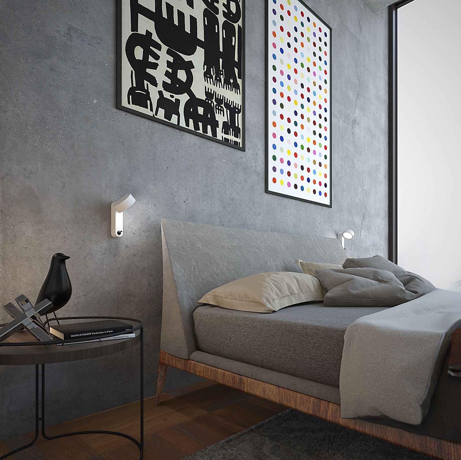 Applique da lettura Toggle Martinelli Luce installata in verticale accanto a un letto.