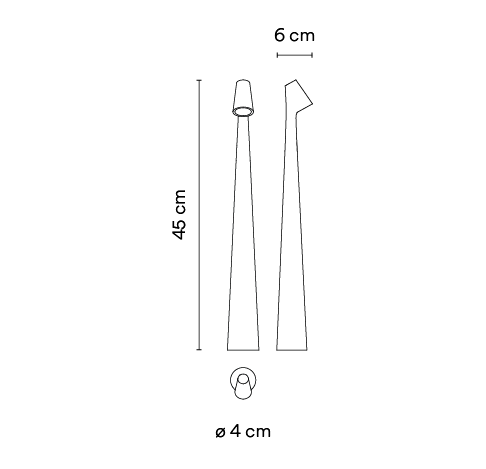 Disegno tecnico con le dimensioni della lampada portatile Africa di Vibia, modello 5580: altezza 45 cm.