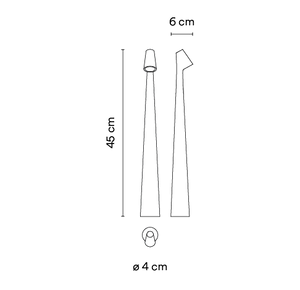 Disegno tecnico con le dimensioni della lampada portatile Africa di Vibia, modello 5580: altezza 45 cm.