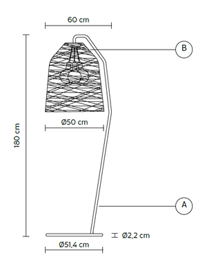 Disegno con misure della piantana di Karman per soggiorni.