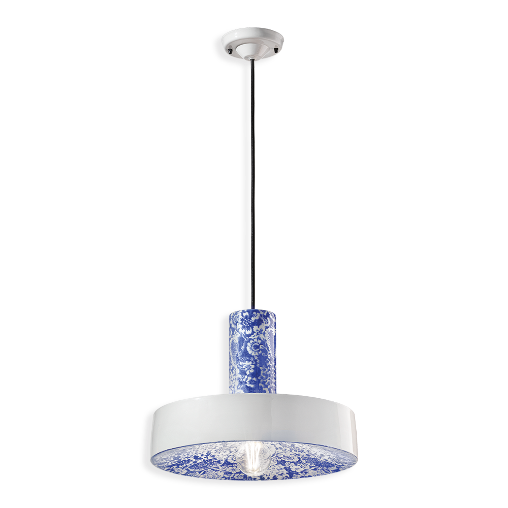 Sospensione di design Pi C2502 di Ferroluce in ceramica con decoro Ming Blu.