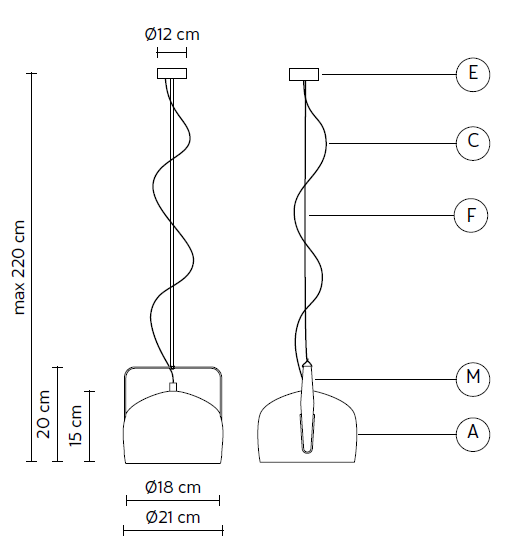 Immagine tecnica con misure della sospensione BAG diffusore 21cm