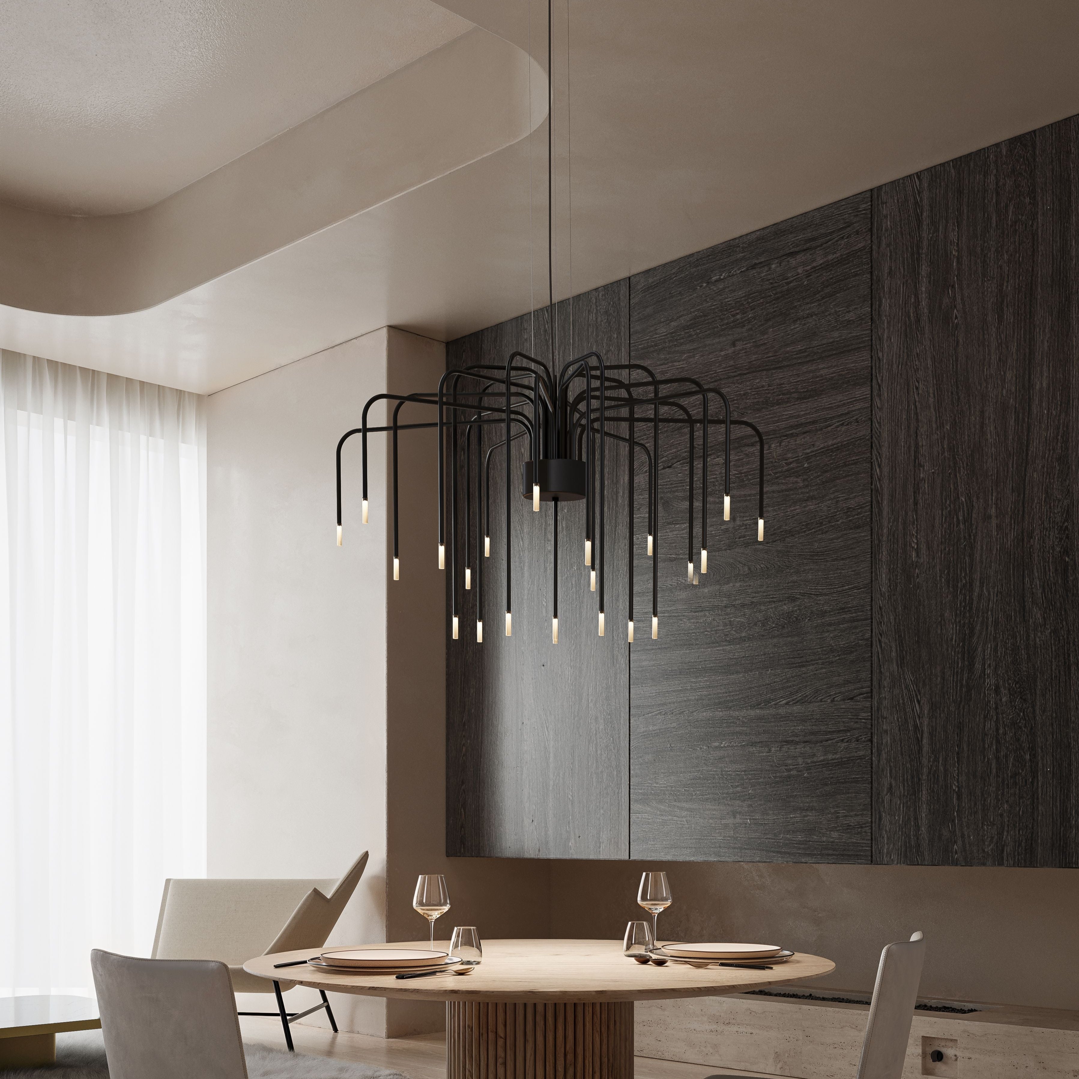 Lampada a sospensione Karman BOOM su tavolo da pranzo moderno, illuminazione sala da pranzo di design.