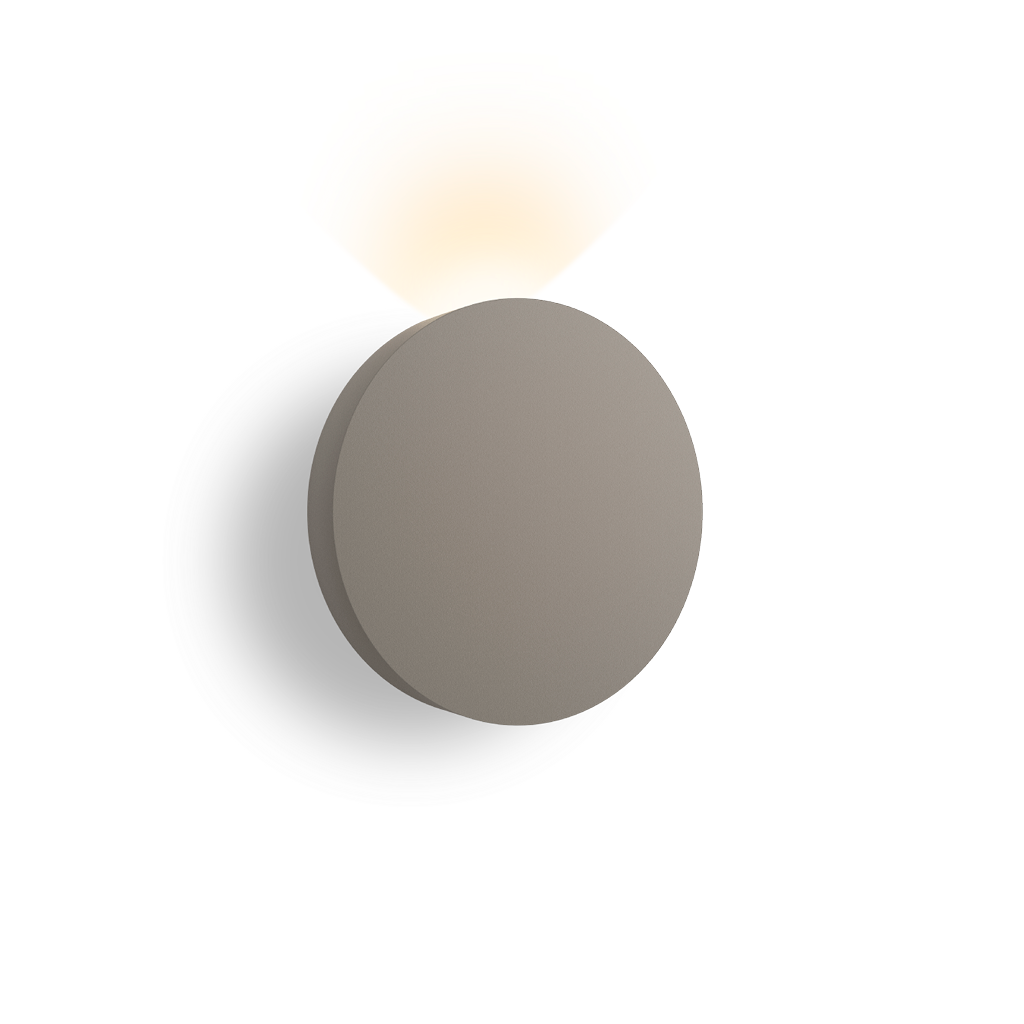 Lampada parete da esterno orientabile Dots Outdoor 4688 di Vibia in finitura beige, con cono centrale per luce diretta.